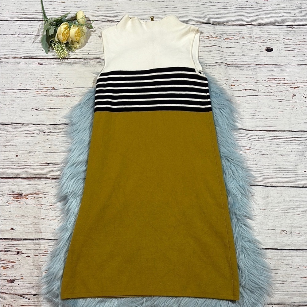 Milly New York Mustard Striped Mockneck Knit Sheath Mini Dress